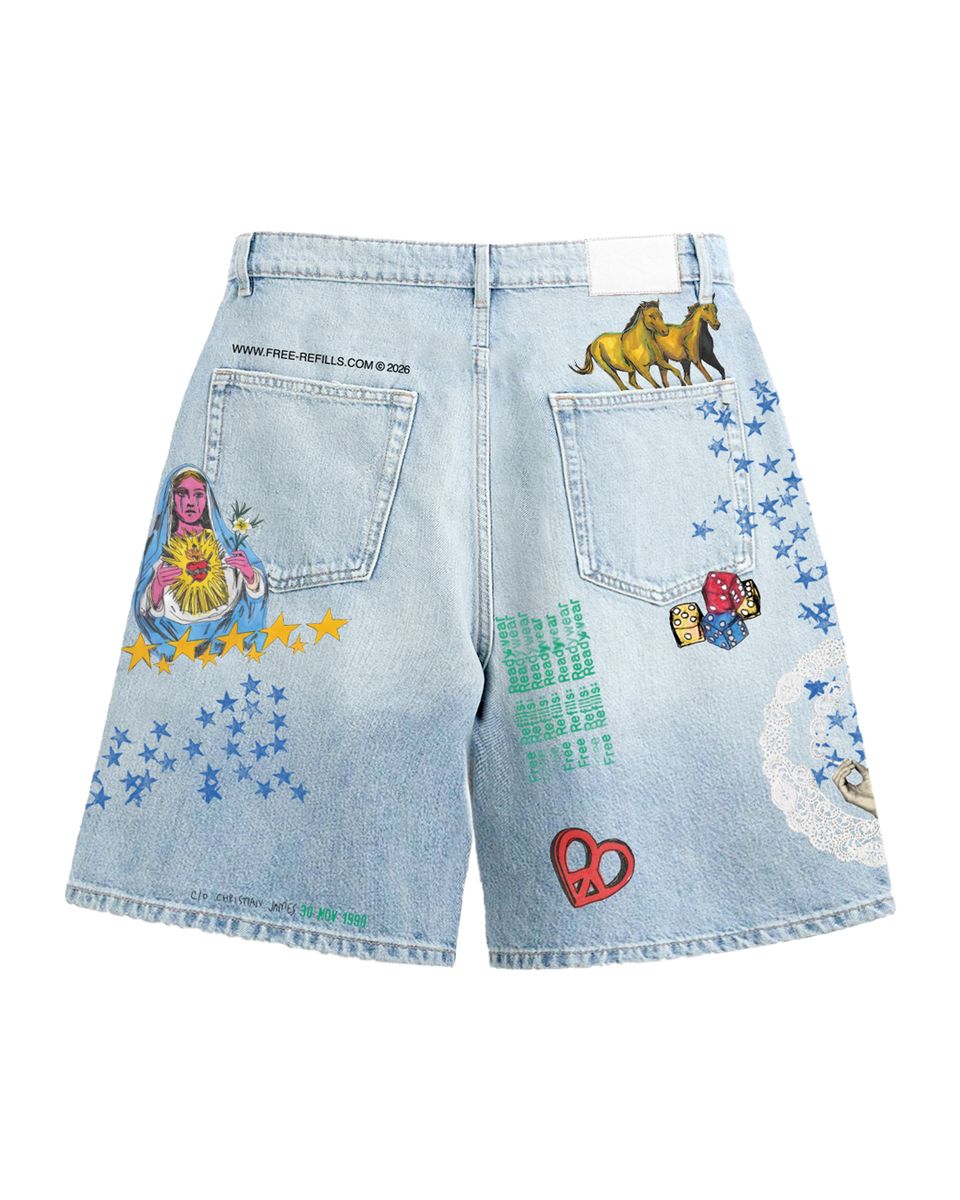 Free Refills Collage Jorts Light Blue