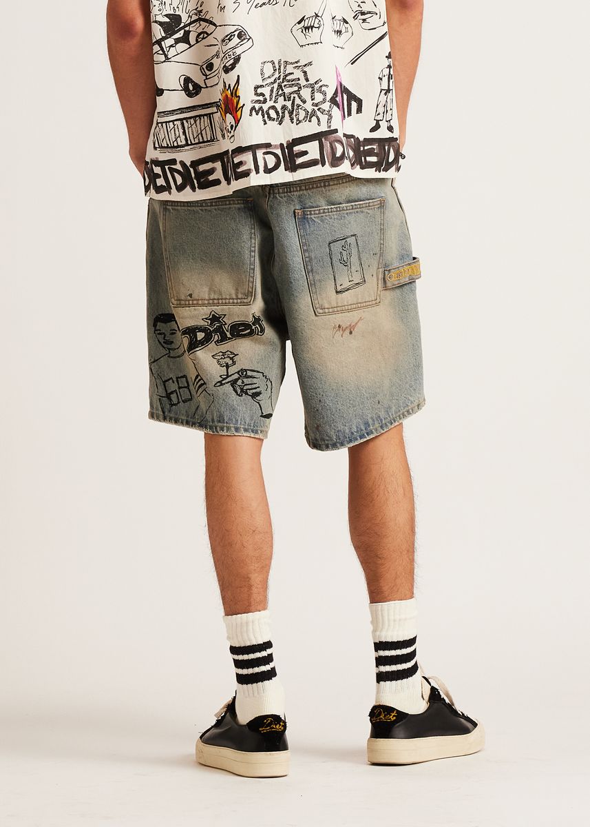 Diet Starts Monday Scribble Denim Short-Indigo Stain