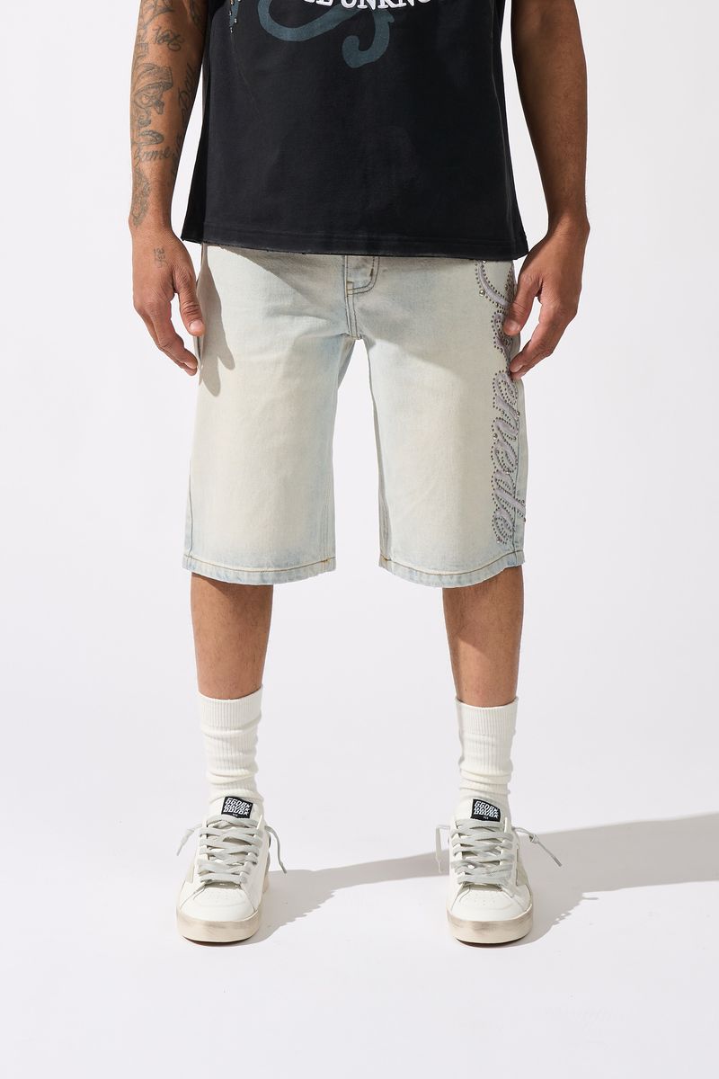 Serenede Side Script Light Denim Shorts