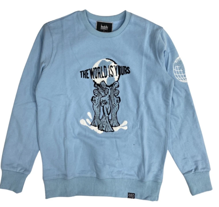 Denim City Chenille World Is Yours Crewneck Carolina Blue