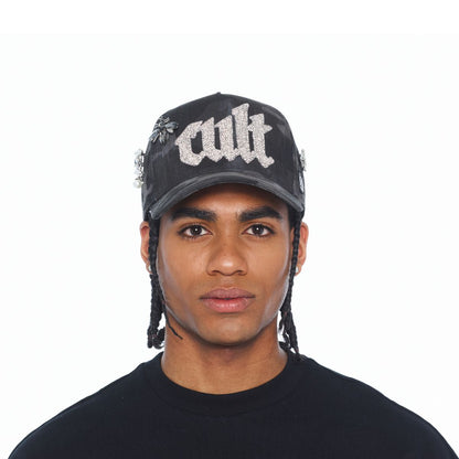 A FRAME TRUCKER HAT CURVED VISOR "OLD ENGLISH CRYSTAL LOGO "