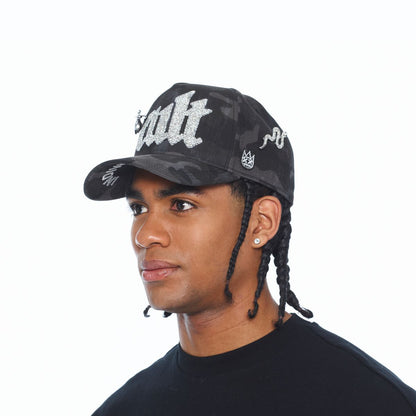 A FRAME TRUCKER HAT CURVED VISOR "OLD ENGLISH CRYSTAL LOGO "