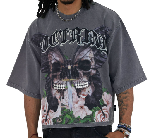 Doctrine Skulled Moth Garden Tee Charcoal Wash
