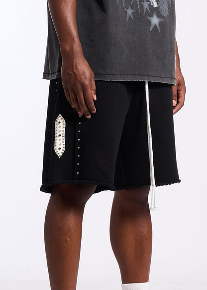 Memory Lane Studded Fleece Long Shorts-Black (ML-SP2-26-037)