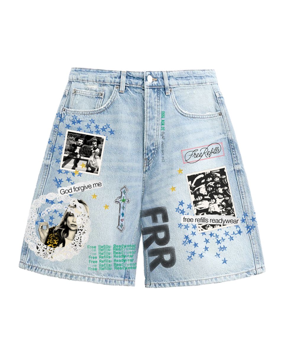 Free Refills Collage Jorts Light Blue