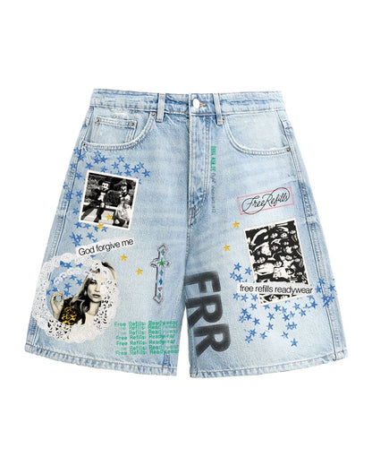 Free Refills Collage Jorts Light Blue