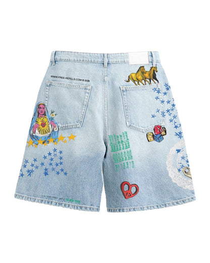 Free Refills Collage Jorts Light Blue