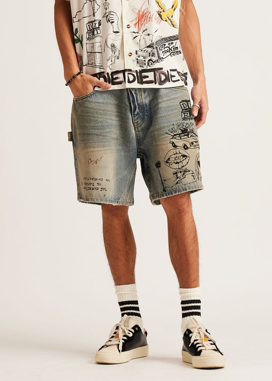 Diet Starts Monday Scribble Denim Short-Indigo Stain