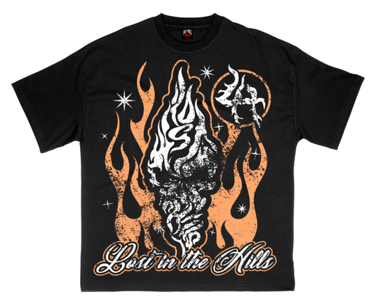 Lost Hills Flaming Orange Skull Black Tee