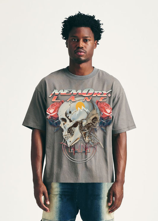 Memory Lane Skull Roses Tee -Gray