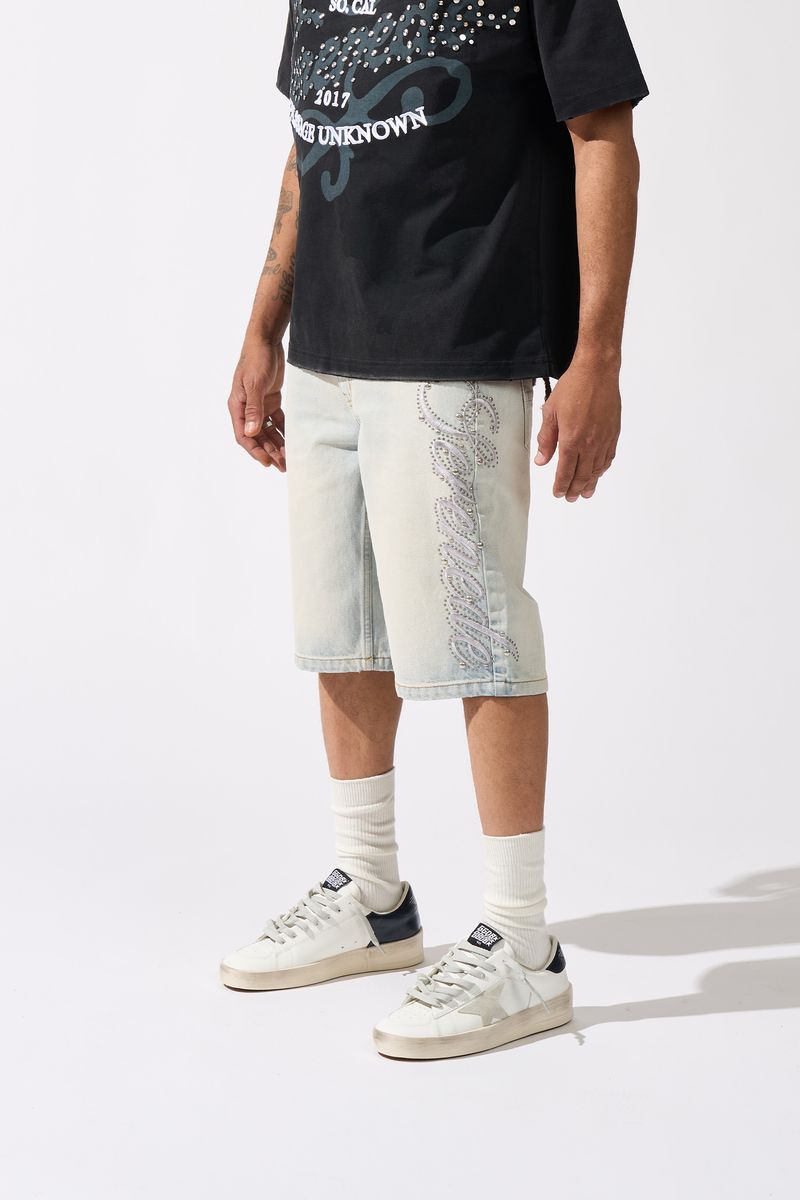 Serenede Side Script Light Denim Shorts
