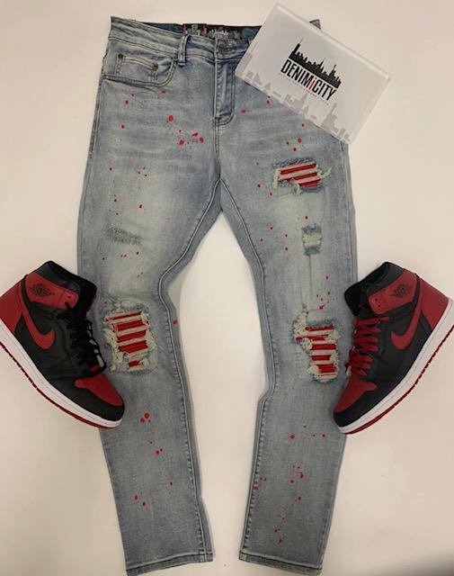 Denim City Stone Blue Wash Red Leather (DNM-314)