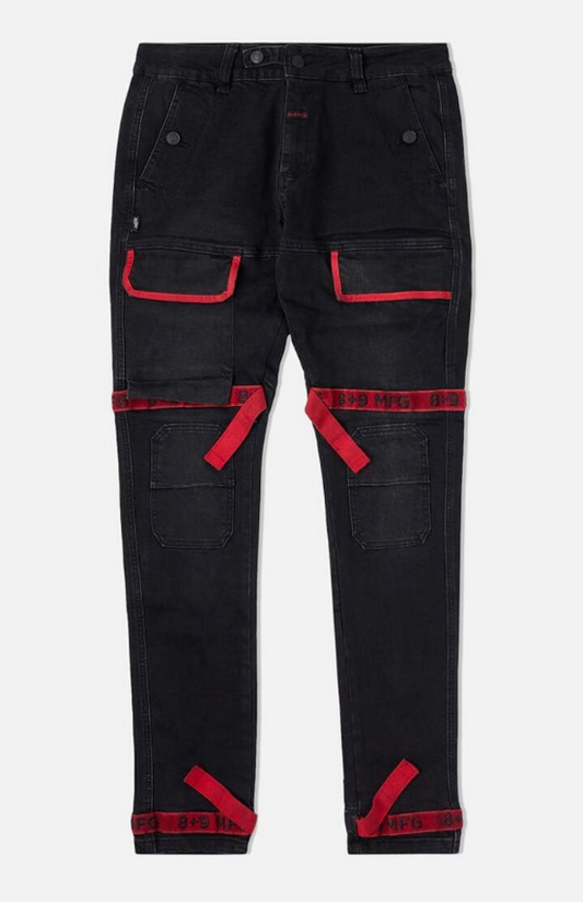 8 & 9 Clothing Strapped Up Utility Denim Jeans (Black/Burgandy)