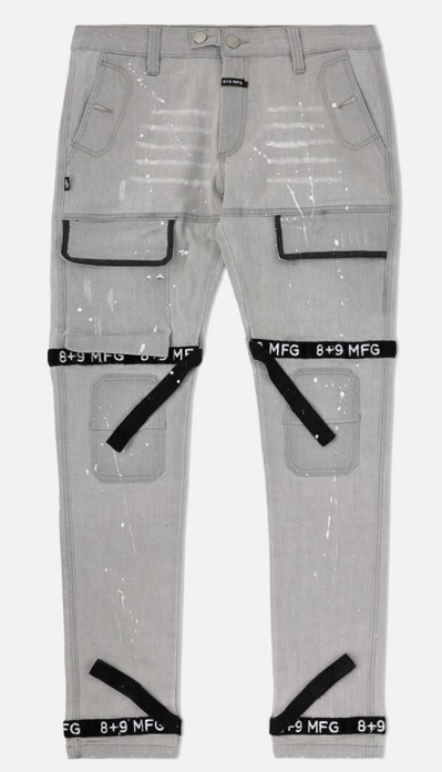 8 & 9 Clothing Strapped Up Utility Pants Grey Splatter Denim